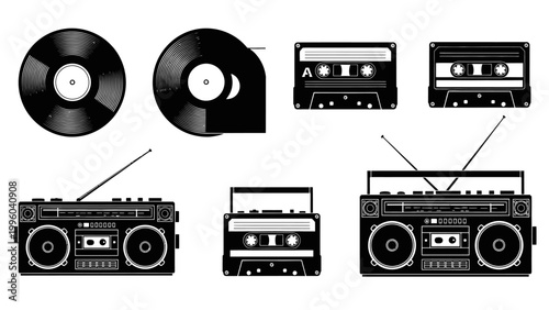 Vintage audio equipment: vinyl records, cassette tapes, and boombox icons