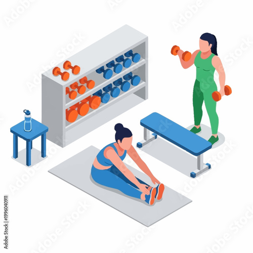 Two women exercising in a gym with weights and equipment.