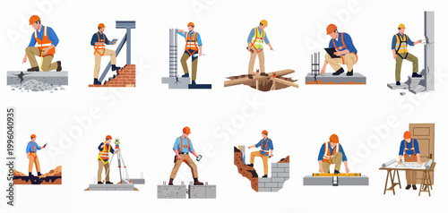 Construction engineers and workers illustrations set, featuring site inspection, surveying, measuring, and planning in safety gear on a white background.