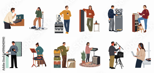 Set of flat illustrations featuring diverse music producers, sound engineers, and musicians working with professional audio equipment in various studio settings.