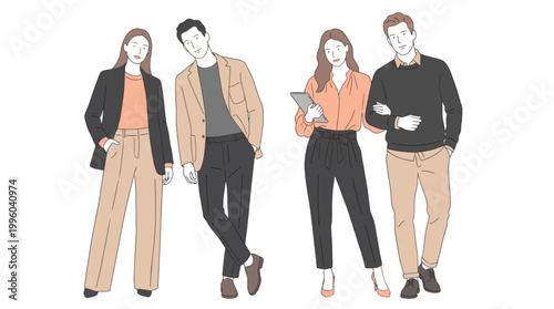 Diverse Stylish Young Adults Four Standing Casual Smart Korean Fashion Lineart Flat Vector Illustration