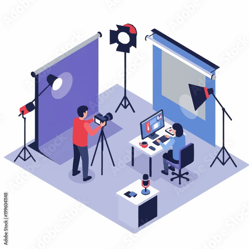 Video Production Studio Setup with Camera and Computer.