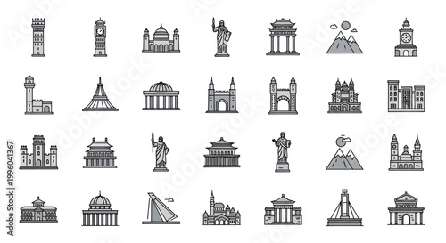 Photos Global Landmarks Collection: Iconic Buildings and Monuments Vector Icons