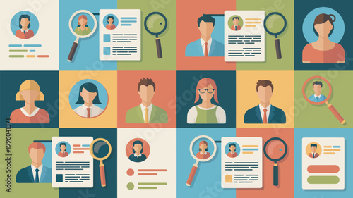 A colorful illustration of people and resumes with magnifying glasses for recruitment and hiring concepts
