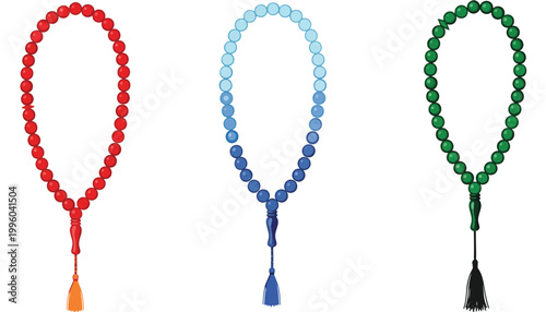 A set of colorful prayer beads with tassels on a white background