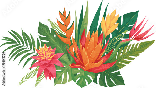 Tropical exotic flowers with lush leaves, vibrant botanical summer illustration design