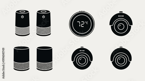 Smart Home Technology Icons: Speakers, Robot Vacuum, Thermostat, Security Camera