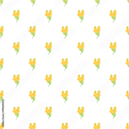 Yellow flowering plant creating a repeating floral pattern on a white background
