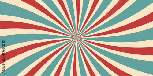 Circus or carnival rays background layout with vector grunge texture. Retro spiral pattern with red, white and blue radial stripes of vintage circus, carnival, fair or chapiteau big top tent