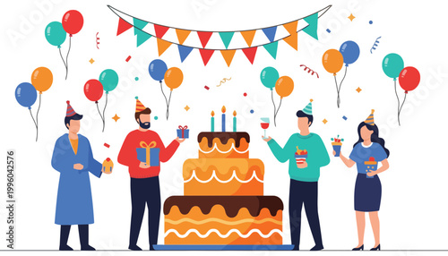 Birthday party vector illustration with cake and colorful balloons