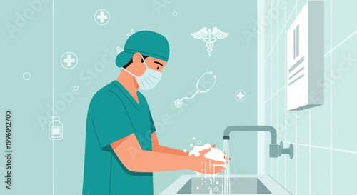 Doctor washing hands in hospital sink with medical symbols in background