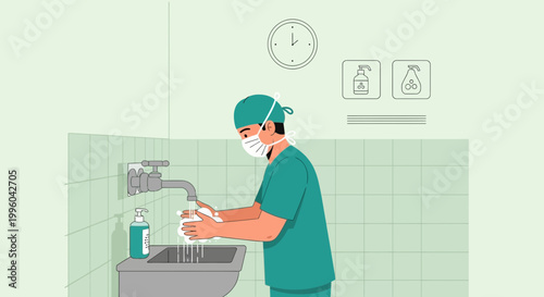 Doctor washing hands in hospital sink, hygiene and infection control