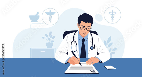 Doctor writing prescription at desk, medical symbols and plants in background