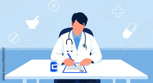 Doctor writing prescription at desk with medical symbols