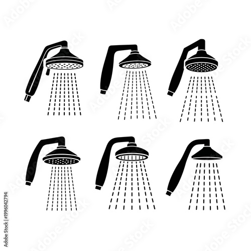 Shower Head Set Vector Icons, Water Spraying, Bathroom Fixtures