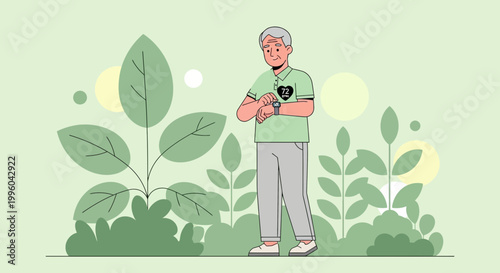 Elderly man checking smartwatch in lush green garden, health monitoring concept