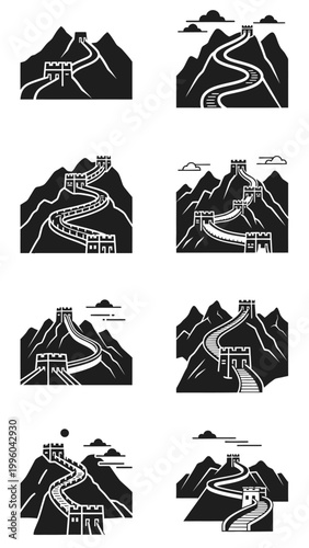 Great Wall of China Icons Set, Vector Pixel Art, Landscape Landmark Collection
