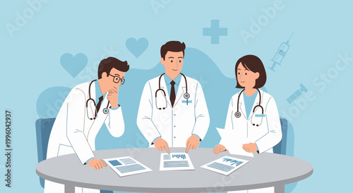 Doctors Meeting Discussing Medical Documents Around a Table, Healthcare Team Collaboration