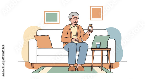 Elderly man sitting on sofa holding medicine bottle, healthy lifestyle concept