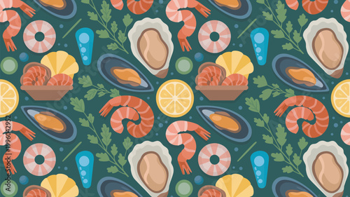 A vibrant pattern of various seafood dishes and ingredients on a dark green background
