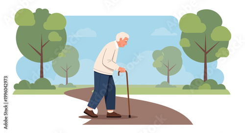 Elderly Man Walking with Cane in Park, Senior Health and Active Lifestyle
