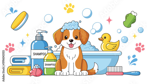 A cute dog taking a bath with shampoo and rubber duck