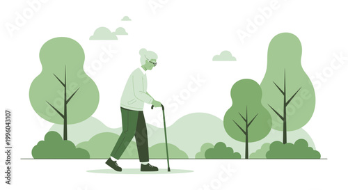 Elderly Woman Walking with Cane in Park, Green Trees and Bushes Background