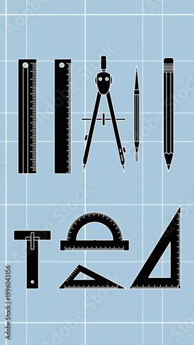 Drafting Tools Set: Ruler, Compass, Protractor, Triangle, Pencil on Grid Background