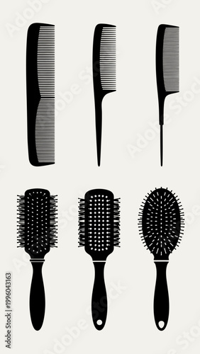 Hair Styling Tools Collection: Combs and Brushes Silhouette Set