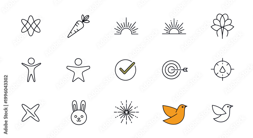 Fototapeta premium Minimalist Icon Set: Abstract Shapes, Nature, Goals, and Animals