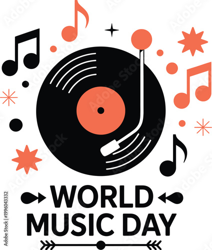 Black vinyl record with musical notes and text world, retro music vector illustration for audio recording, vintage sound design, DJ culture and global music concept graphics.