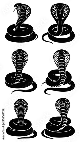 Set of Black Cobra Snake Silhouettes on White Background, Venomous Reptile Icon