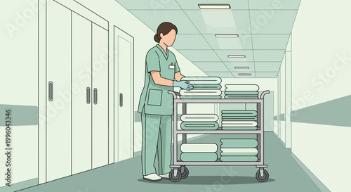 Healthcare worker in scrubs with cart of clean linens in hospital hallway