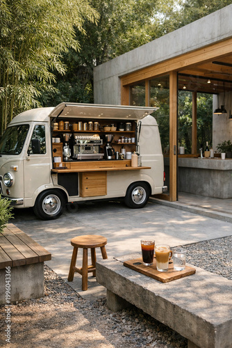 Mobile Coffee Shop Ambience: An inviting shot of a mobile coffee shop with an array of beverage, creating an elegant and fresh atmosphere.