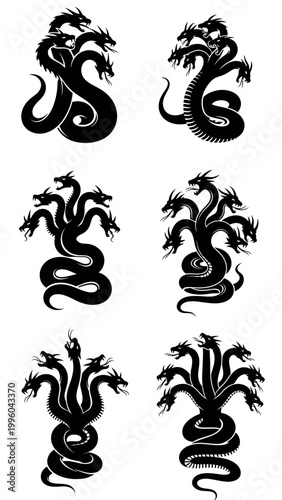Mythical Hydra Monsters Silhouettes Collection, Ancient Legend Creatures