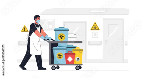 Healthcare worker with biohazard waste cart in hospital corridor