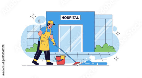 Hospital cleaner mopping the entrance, ensuring hygiene and safety for patients and visitors.