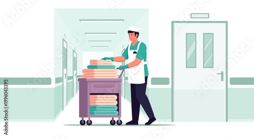 Hospital cleaner pushing a cart with clean linens down a sterile hallway.