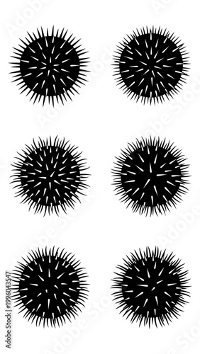 Six Black Spiky Round Objects Isolated on White Background