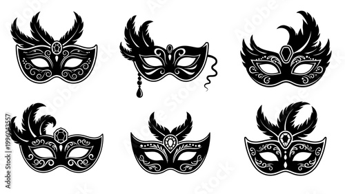 Set of Black Masquerade Masks with Feathers and Ornate Details