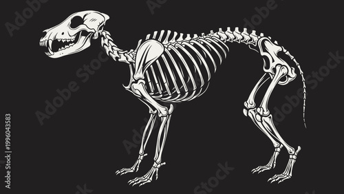Canine Skeleton Anatomy, Full Body View, Isolated on Black