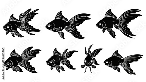 Black Goldfish Silhouettes - Set of 7 Aquatic Creatures