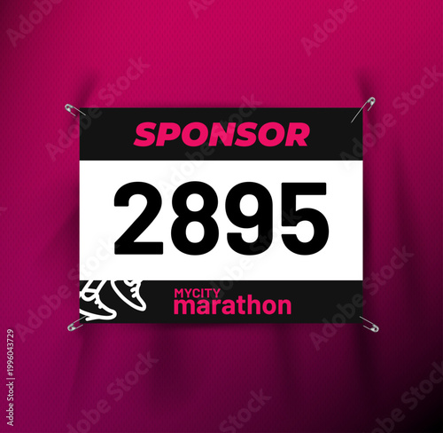 Running race bib mockup pinned with safety pins on sports t-shirt, realistic running event number template with sponsor branding on fabric