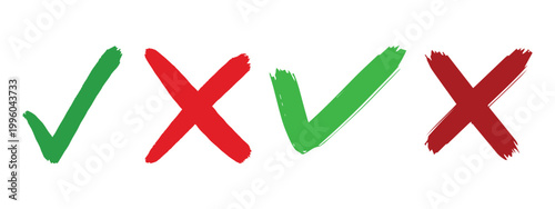 Green checkmark and red cross icons, Checkmark icon, yes no approval rejection decision isolated on white background. 