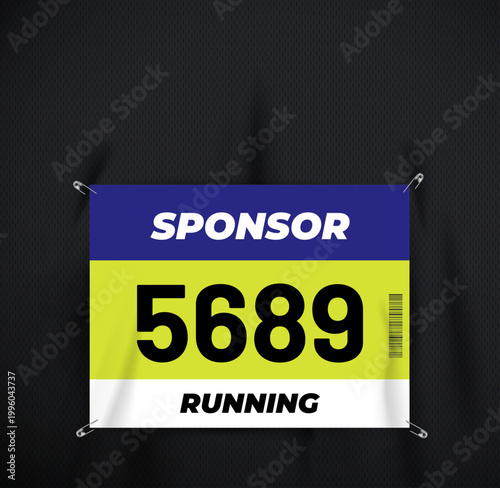 Running race bib mockup pinned with safety pins on sports t-shirt, realistic running event number template with sponsor branding on fabric