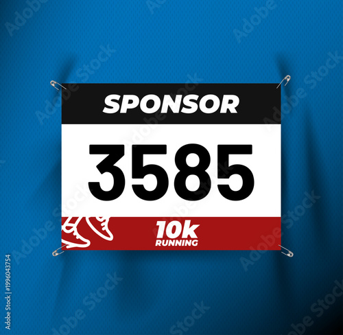 Running race bib mockup pinned with safety pins on sports t-shirt, realistic running event number template with sponsor branding on fabric