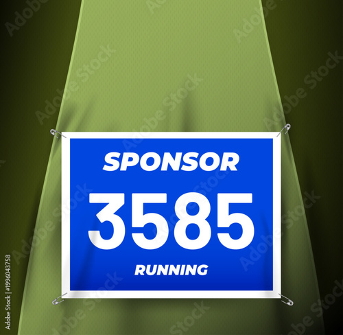 Running race bib mockup pinned with safety pins on sports t-shirt, realistic running event number template with sponsor branding on fabric