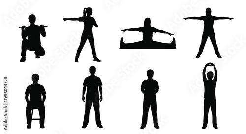 Silhouettes of people exercising and doing physical activities on transparent back.