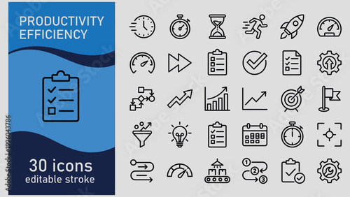 Productivity efficiency icons set with editable stroke including clock hourglass and checklist  business productivity symbols