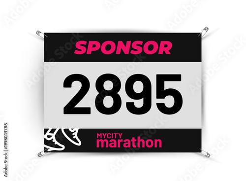 Runner's bib number mockup with safety pins. Vector illustration.